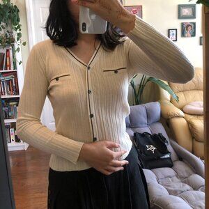 Women’s Ribbed Knit Button-Up Cardigan – Beige with Black Trim – Size S